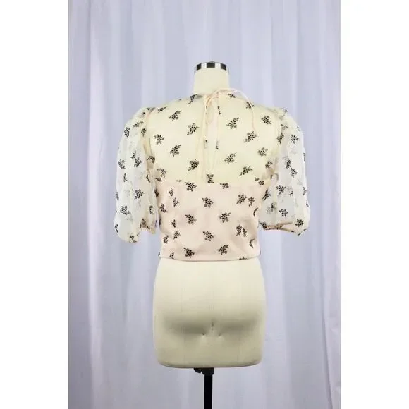 NWOT ZARA Sheer Organza Velvet Floral Puff Sleeve Bustier Crop Top Blouse Size S - Picture 4 of 13